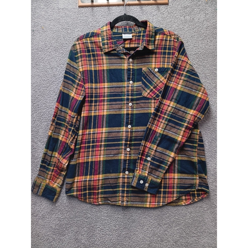Columbia Plaid Flannel Shirt Men Large Omni Shade‎ Cotton Button Up Outdoor